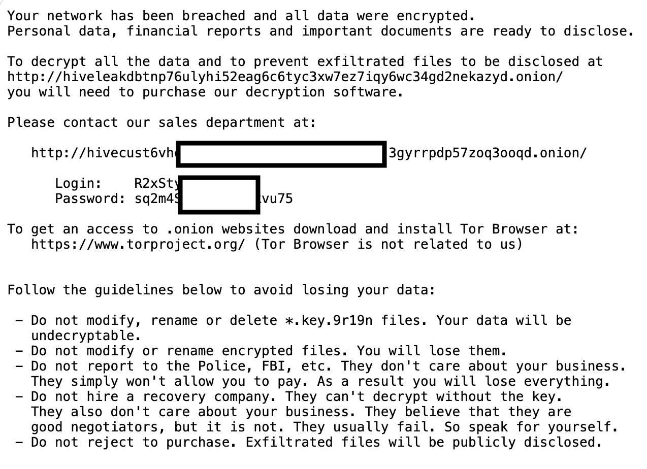 Screenshot of the actual ransomware note received on October 5, 2021, stating the network has been breached and data encrypted.